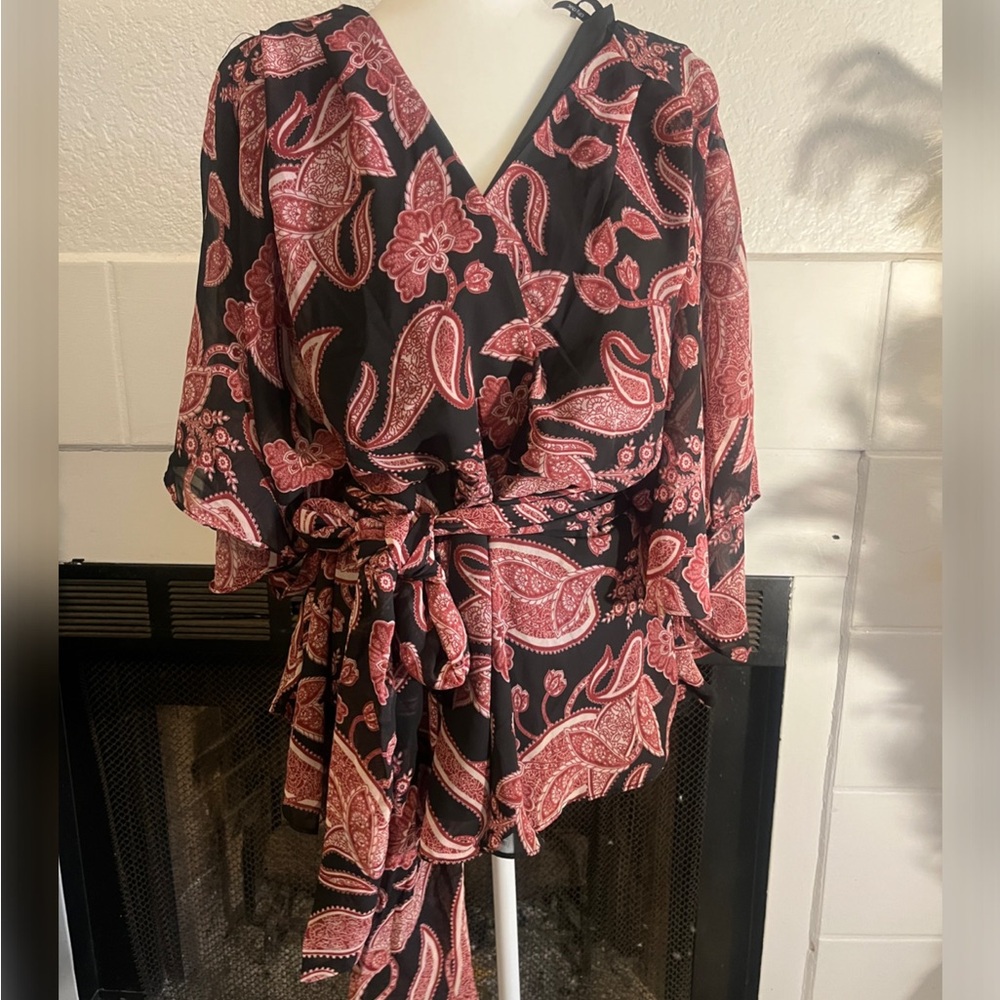 Black and Red Paisley faux Wrap blouse